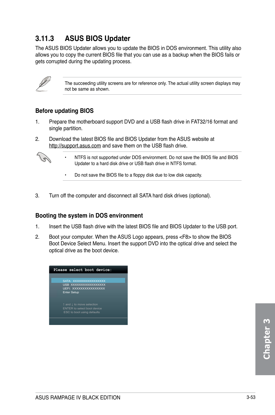 Chapter 3, 3 asus bios updater, Before updating bios | Booting the system in dos environment, Asus rampage iv black edition | Asus RAMPAGE IV BLACK EDITION User Manual | Page 143 / 222