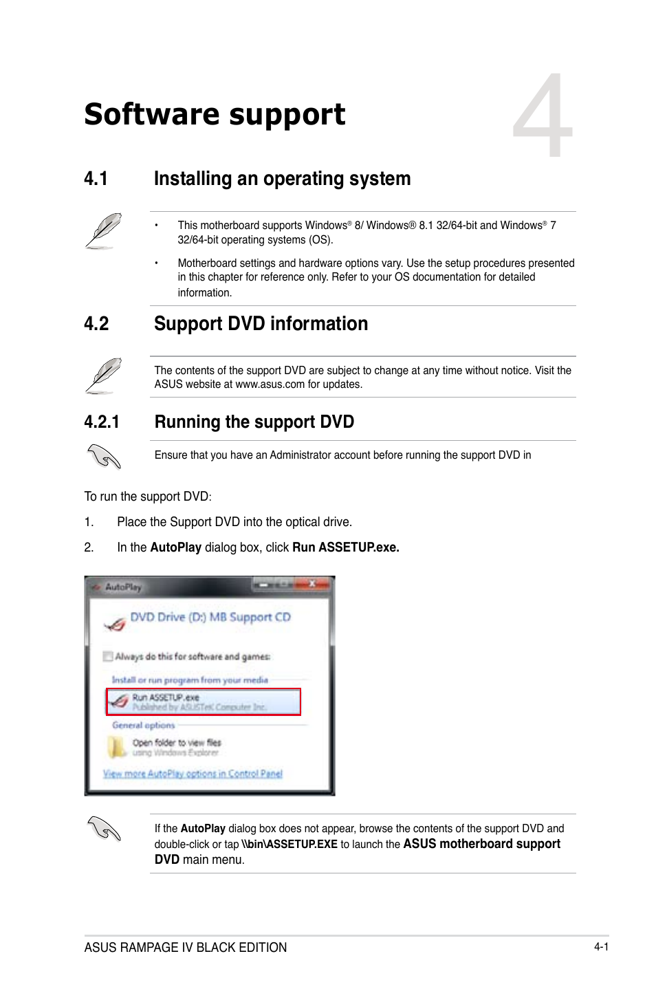 Software support, Chapter 4, 1 installing an operating system | 2 support dvd information | Asus RAMPAGE IV BLACK EDITION User Manual | Page 147 / 222