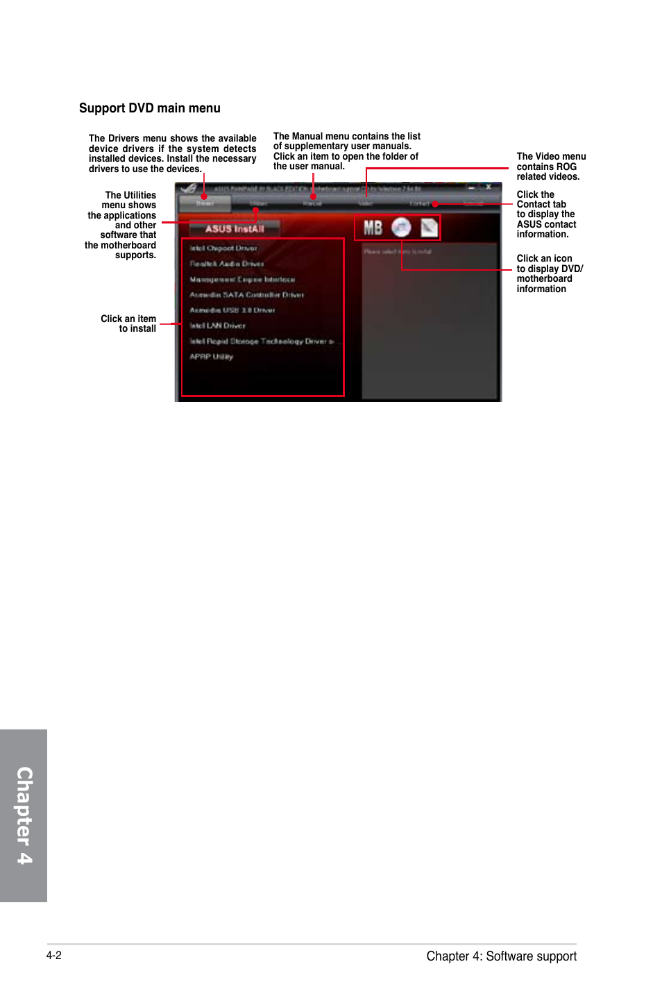 Chapter 4, Chapter 4: software support, Support dvd main menu | Asus RAMPAGE IV BLACK EDITION User Manual | Page 148 / 222