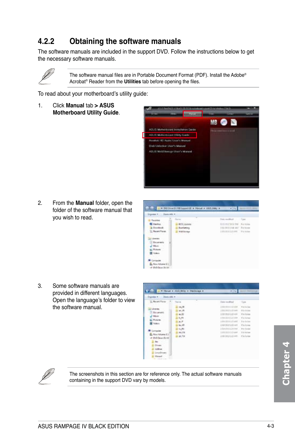 Chapter 4, 2 obtaining the software manuals | Asus RAMPAGE IV BLACK EDITION User Manual | Page 149 / 222