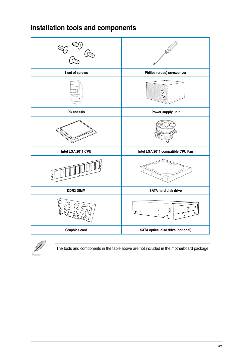 Installation tools and components | Asus RAMPAGE IV BLACK EDITION User Manual | Page 15 / 222