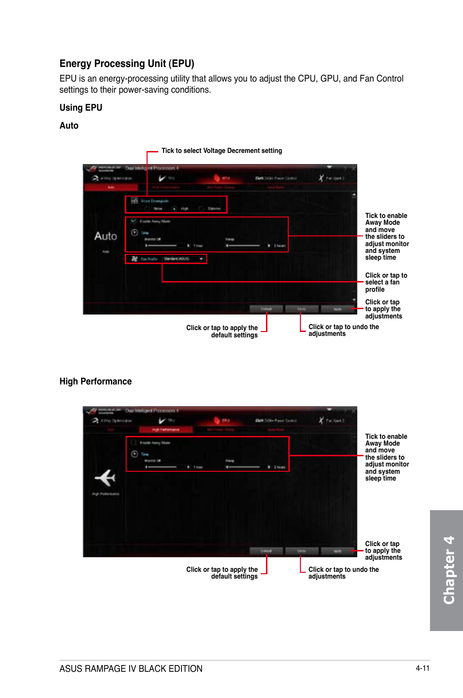 Chapter 4, Energy processing unit (epu), Asus rampage iv black edition | Asus RAMPAGE IV BLACK EDITION User Manual | Page 157 / 222