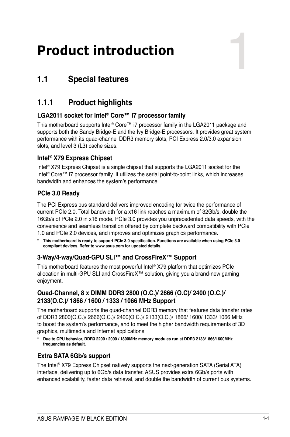 Product introduction, Chapter 1, 1 special features | 1 product highlights | Asus RAMPAGE IV BLACK EDITION User Manual | Page 17 / 222