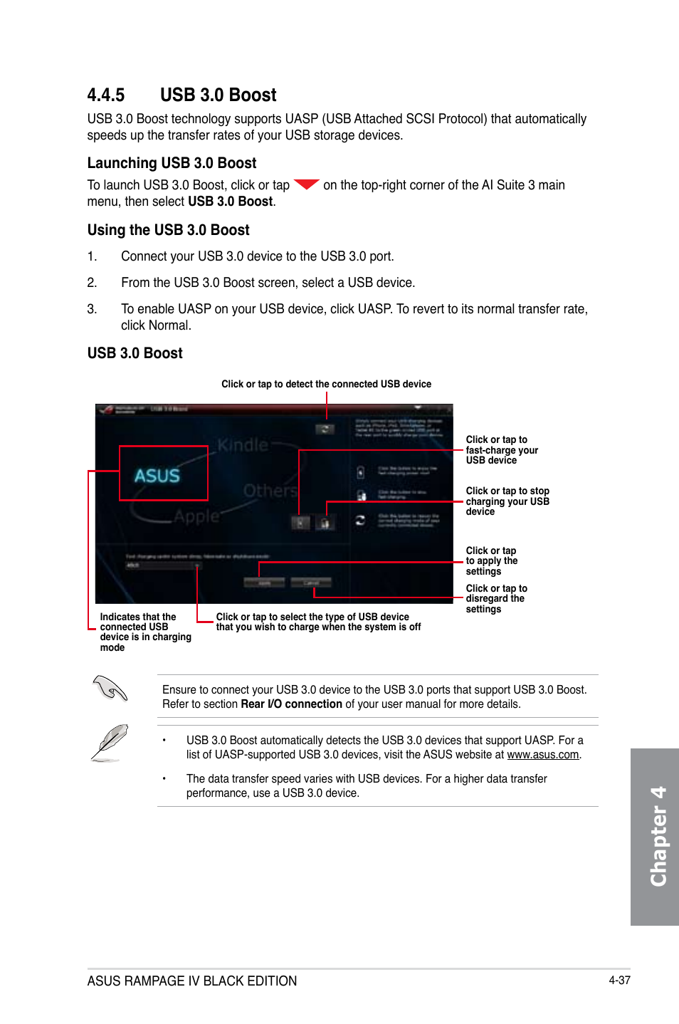 Chapter 4, 5 usb 3.0 boost, Launching usb 3.0 boost | Using the usb 3.0 boost, Usb 3.0 boost | Asus RAMPAGE IV BLACK EDITION User Manual | Page 183 / 222