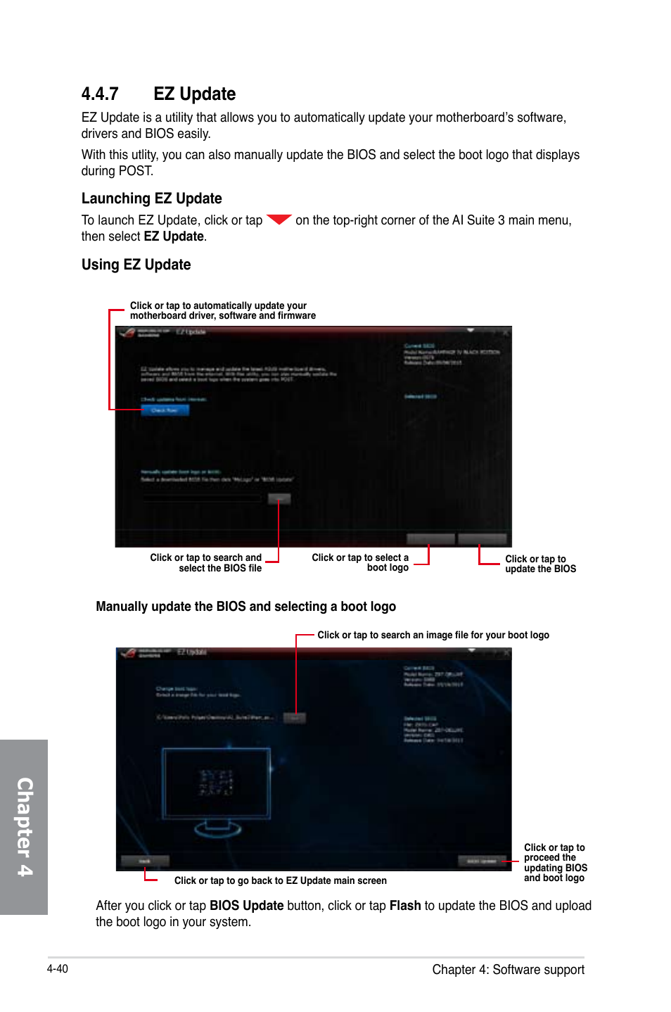 Chapter 4, 7 ez update, Launching ez update | Using ez update | Asus RAMPAGE IV BLACK EDITION User Manual | Page 186 / 222