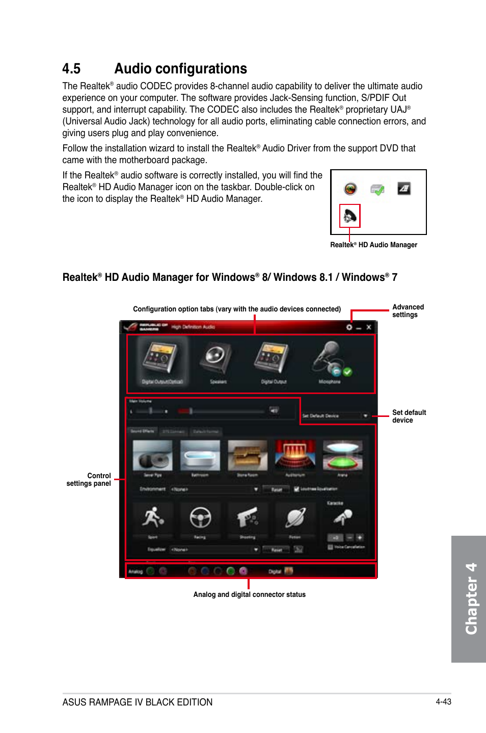 Chapter 4 4.5 audio configurations, Realtek, Hd audio manager for windows | 8/ windows 8.1 / windows | Asus RAMPAGE IV BLACK EDITION User Manual | Page 189 / 222