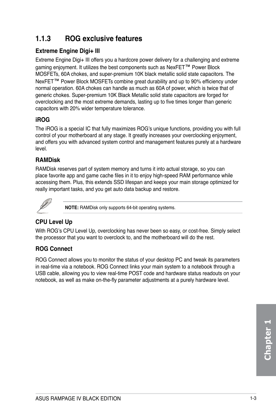 Chapter 1, 3 rog exclusive features | Asus RAMPAGE IV BLACK EDITION User Manual | Page 19 / 222