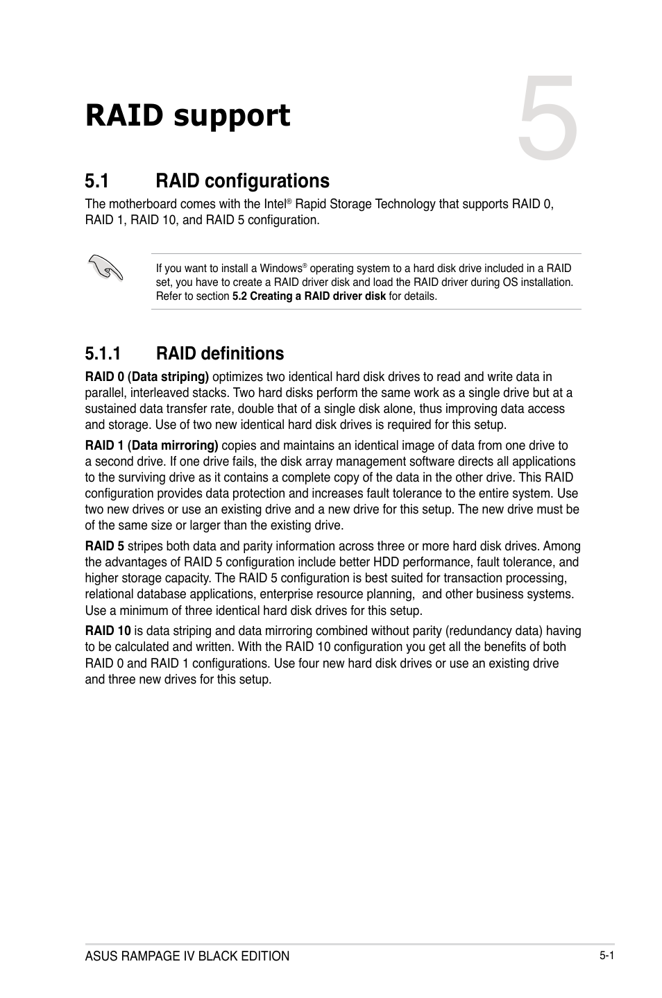 Raid support, Chapter 5, 1 raid configurations | Asus RAMPAGE IV BLACK EDITION User Manual | Page 205 / 222