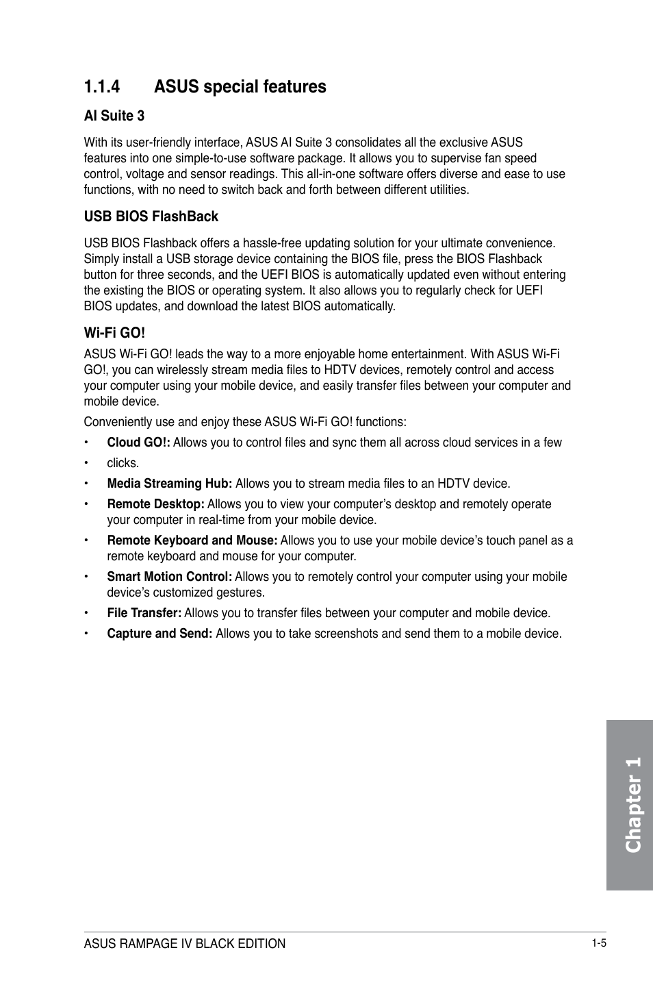 Chapter 1, 4 asus special features | Asus RAMPAGE IV BLACK EDITION User Manual | Page 21 / 222