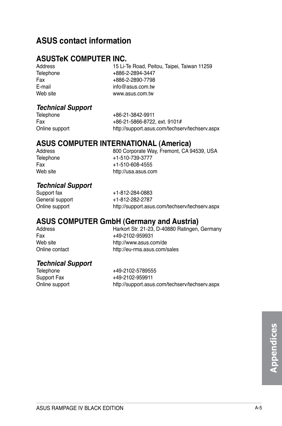 Appendices asus contact information, Asustek computer inc, Asus computer international (america) | Asus computer gmbh (germany and austria), Technical support | Asus RAMPAGE IV BLACK EDITION User Manual | Page 219 / 222