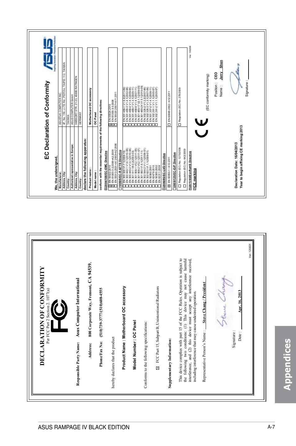 Appendices, Asus rampage iv black edition, Declaration of conformity | Ec declaration of conformity, Asu s c om pu te r in te rn at io na l, Address: 800 corporate way, fremont | Asus RAMPAGE IV BLACK EDITION User Manual | Page 221 / 222