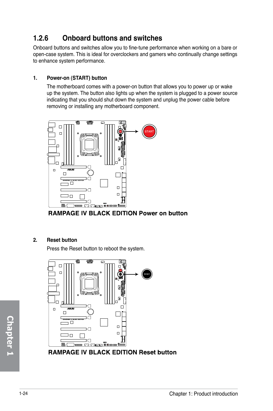 Chapter 1, 6 onboard buttons and switches | Asus RAMPAGE IV BLACK EDITION User Manual | Page 40 / 222