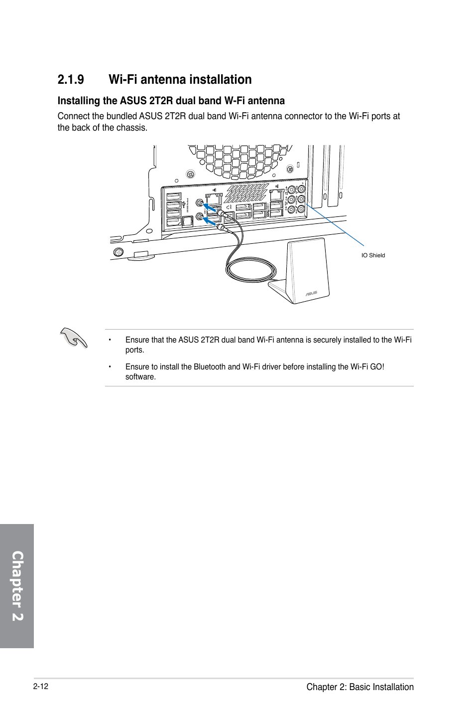 Chapter 2, 9 wi-fi antenna installation, Installing the asus 2t2r dual band w-fi antenna | Chapter 2: basic installation | Asus RAMPAGE IV BLACK EDITION User Manual | Page 78 / 222