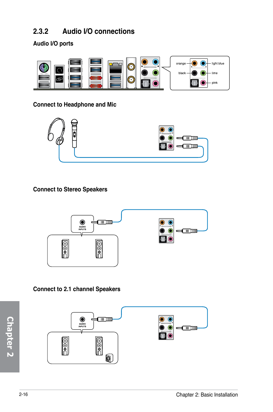 Chapter 2, 2 audio i/o connections | Asus RAMPAGE IV BLACK EDITION User Manual | Page 82 / 222