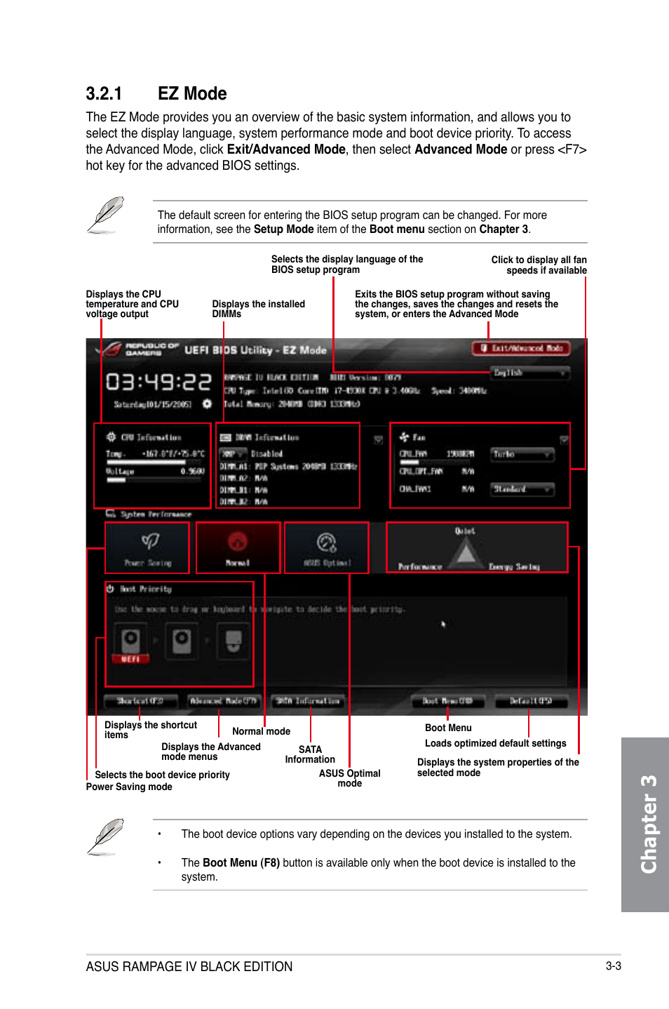 Chapter 3, 1 ez mode | Asus RAMPAGE IV BLACK EDITION User Manual | Page 93 / 222