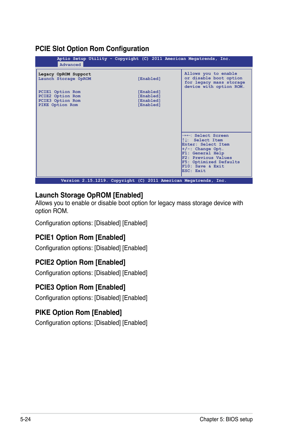 Pcie slot option rom configuration, Launch storage oprom [enabled, Pcie1 option rom [enabled | Pcie2 option rom [enabled, Pcie3 option rom [enabled, Pike option rom [enabled, Configuration options: [disabled] [enabled | Asus RS926-E7/RS8 User Manual | Page 100 / 200