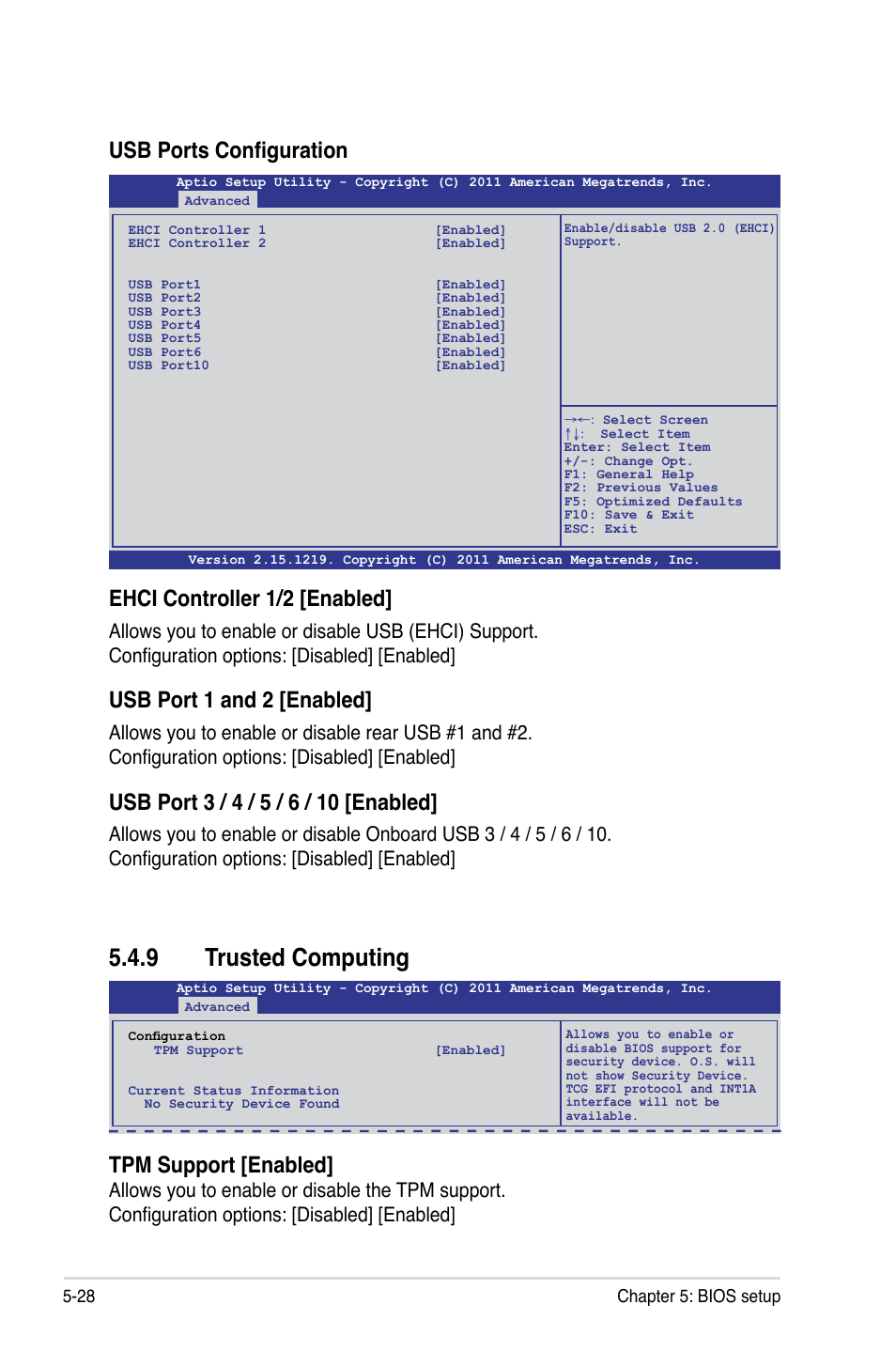 9 trusted computing, Usb ports configuration, Tpm support [enabled | Ehci controller 1/2 [enabled, Usb port 1 and 2 [enabled | Asus RS926-E7/RS8 User Manual | Page 104 / 200