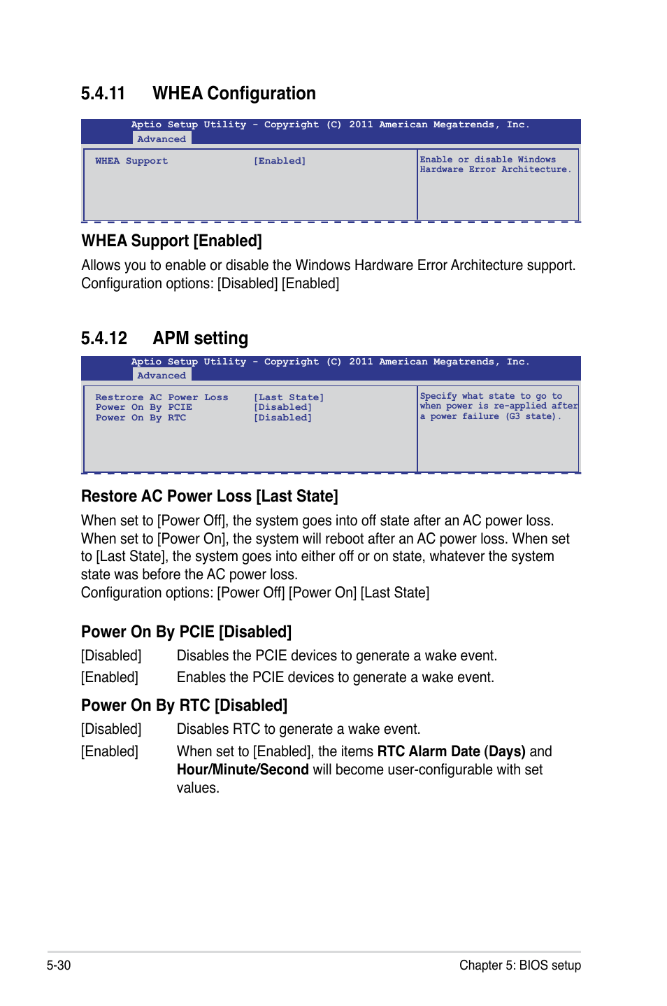 11 whea configuration, 12 apm setting, Whea support [enabled | Restore ac power loss [last state, Power on by pcie [disabled, Power on by rtc [disabled | Asus RS926-E7/RS8 User Manual | Page 106 / 200