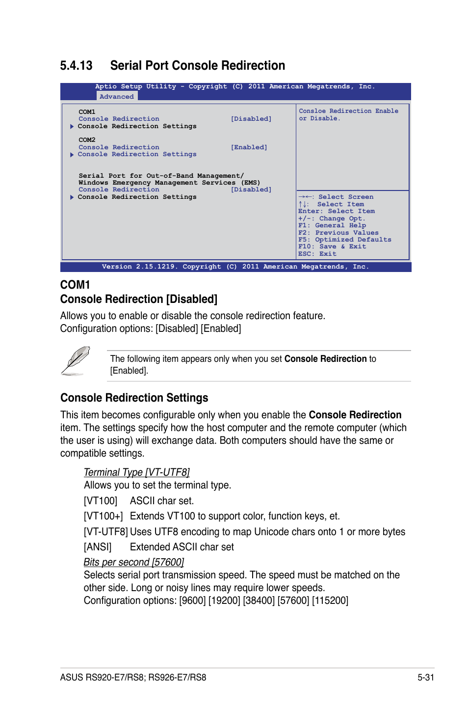 13 serial port console redirection, Console redirection settings, Com1 console redirection [disabled | Asus RS926-E7/RS8 User Manual | Page 107 / 200