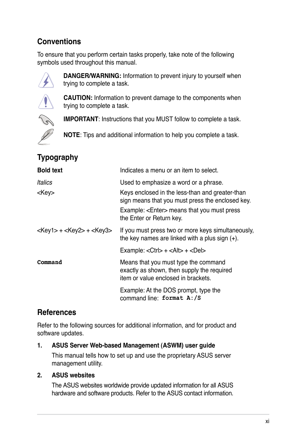 References, Conventions, Typography | Asus RS926-E7/RS8 User Manual | Page 11 / 200