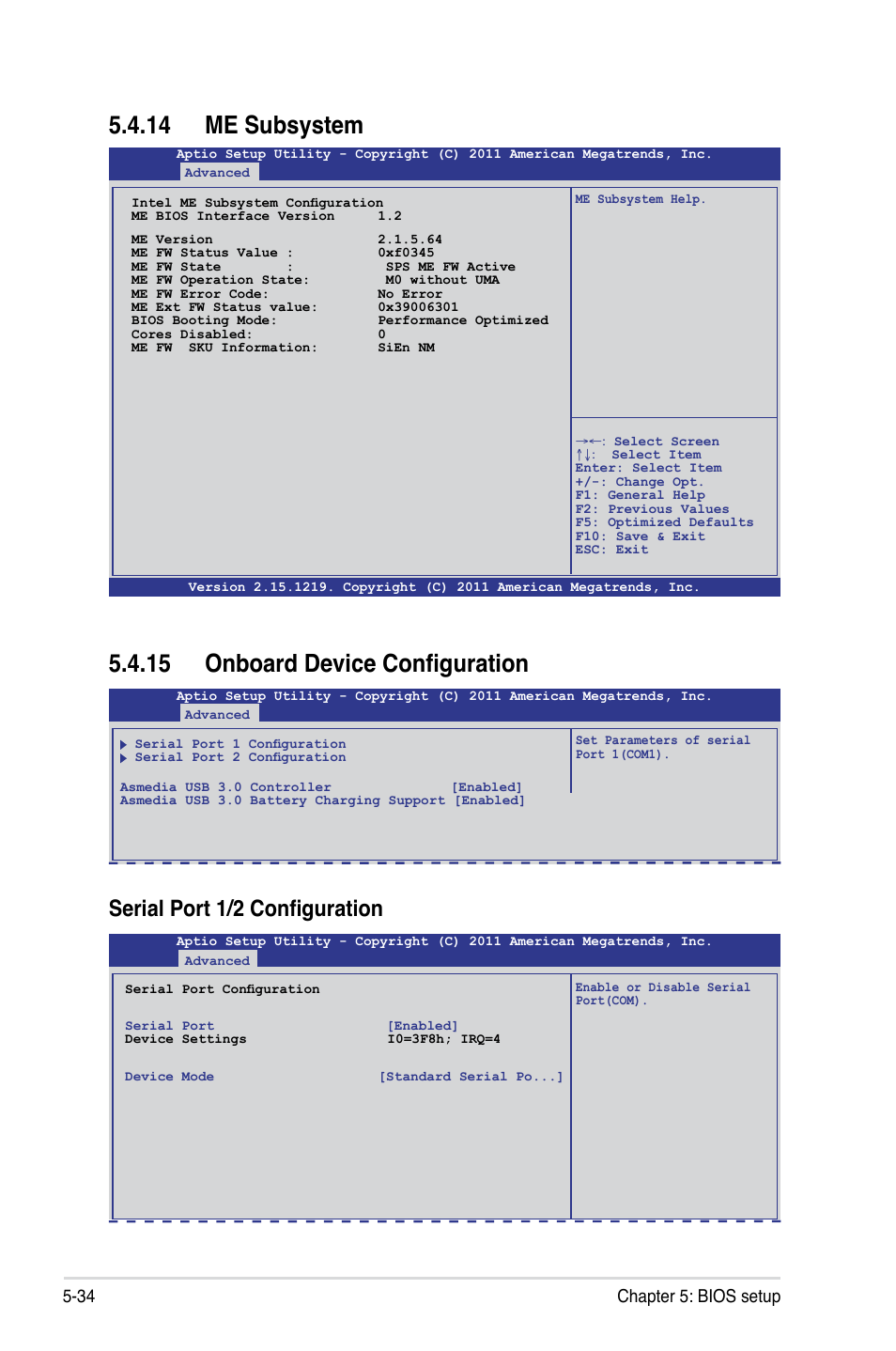 14 me subsystem, 15 onboard device configuration, Serial port 1/2 configuration | 34 chapter 5: bios setup | Asus RS926-E7/RS8 User Manual | Page 110 / 200