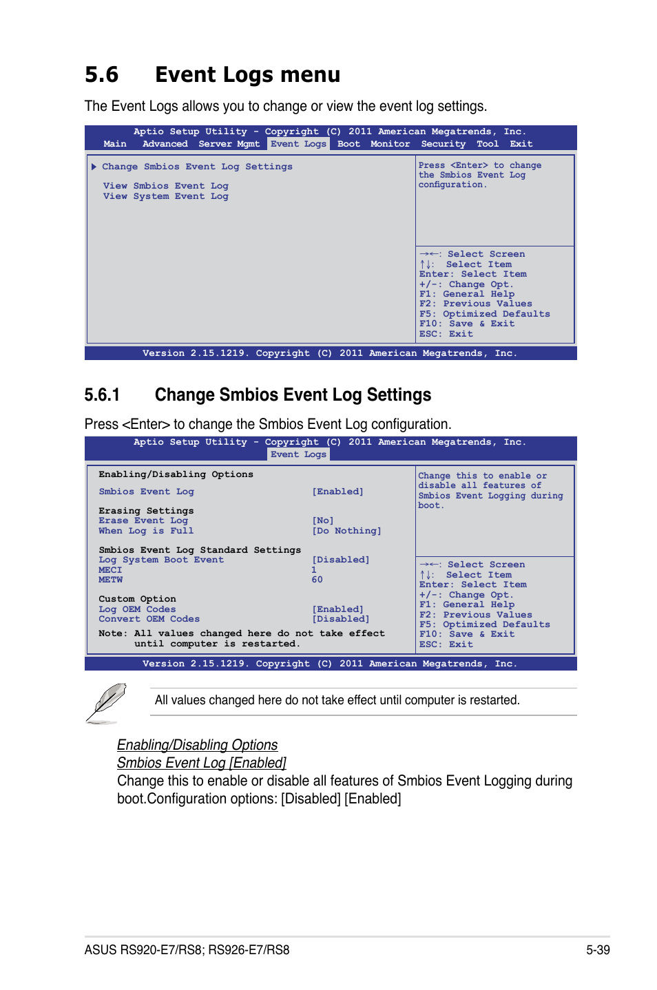 6 event logs menu, 1 change smbios event log settings | Asus RS926-E7/RS8 User Manual | Page 115 / 200