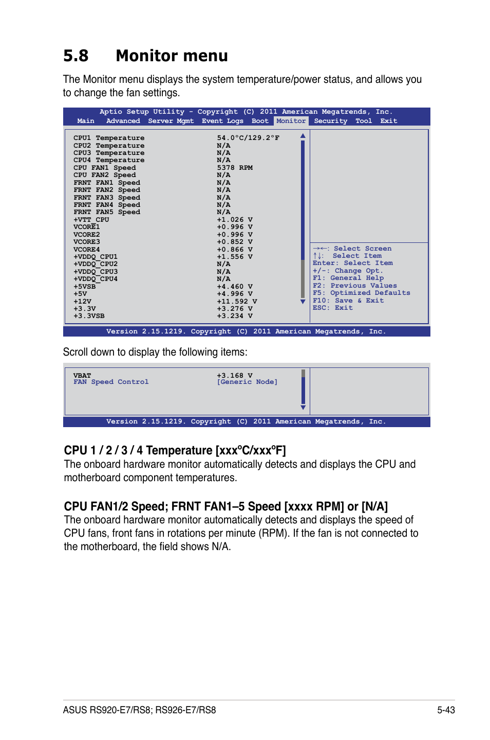 8 monitor menu, Cpu 1 / 2 / 3 / 4 temperature [xxxºc/xxxºf, Scroll down to display the following items | Asus RS926-E7/RS8 User Manual | Page 119 / 200