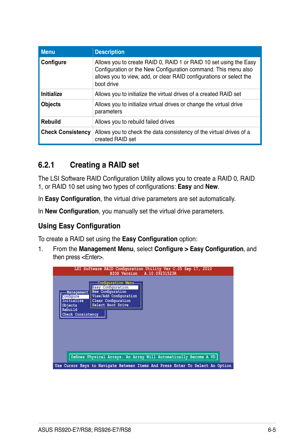 1 creating a raid set, Using easy configuration | Asus RS926-E7/RS8 User Manual | Page 129 / 200