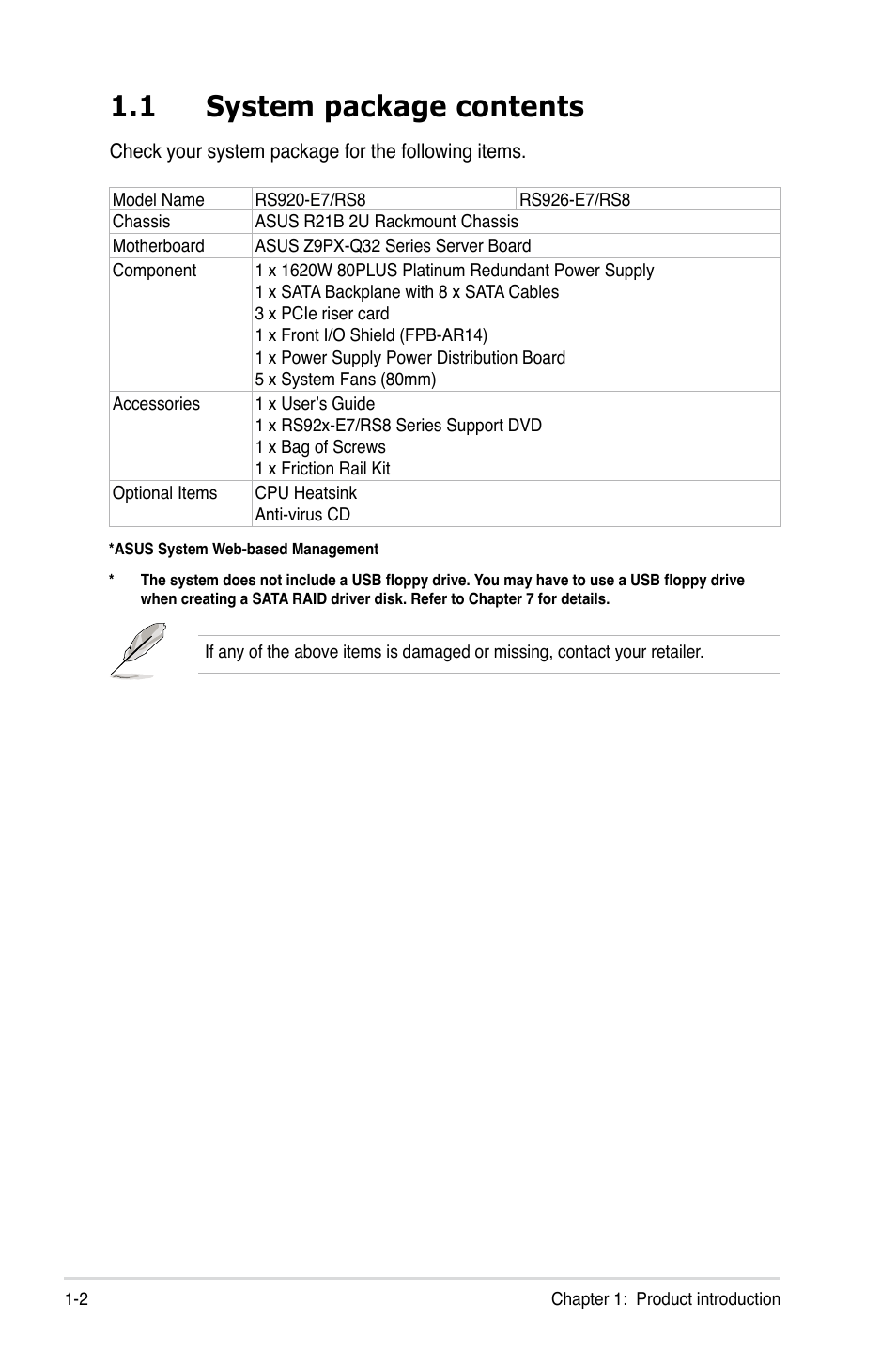 1 system package contents | Asus RS926-E7/RS8 User Manual | Page 14 / 200