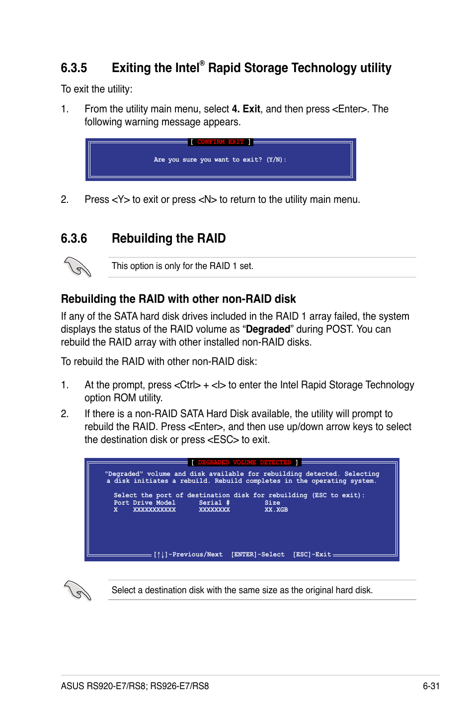 6 rebuilding the raid, 5 exiting the intel, Rapid storage technology utility | Rebuilding the raid with other non-raid disk | Asus RS926-E7/RS8 User Manual | Page 155 / 200