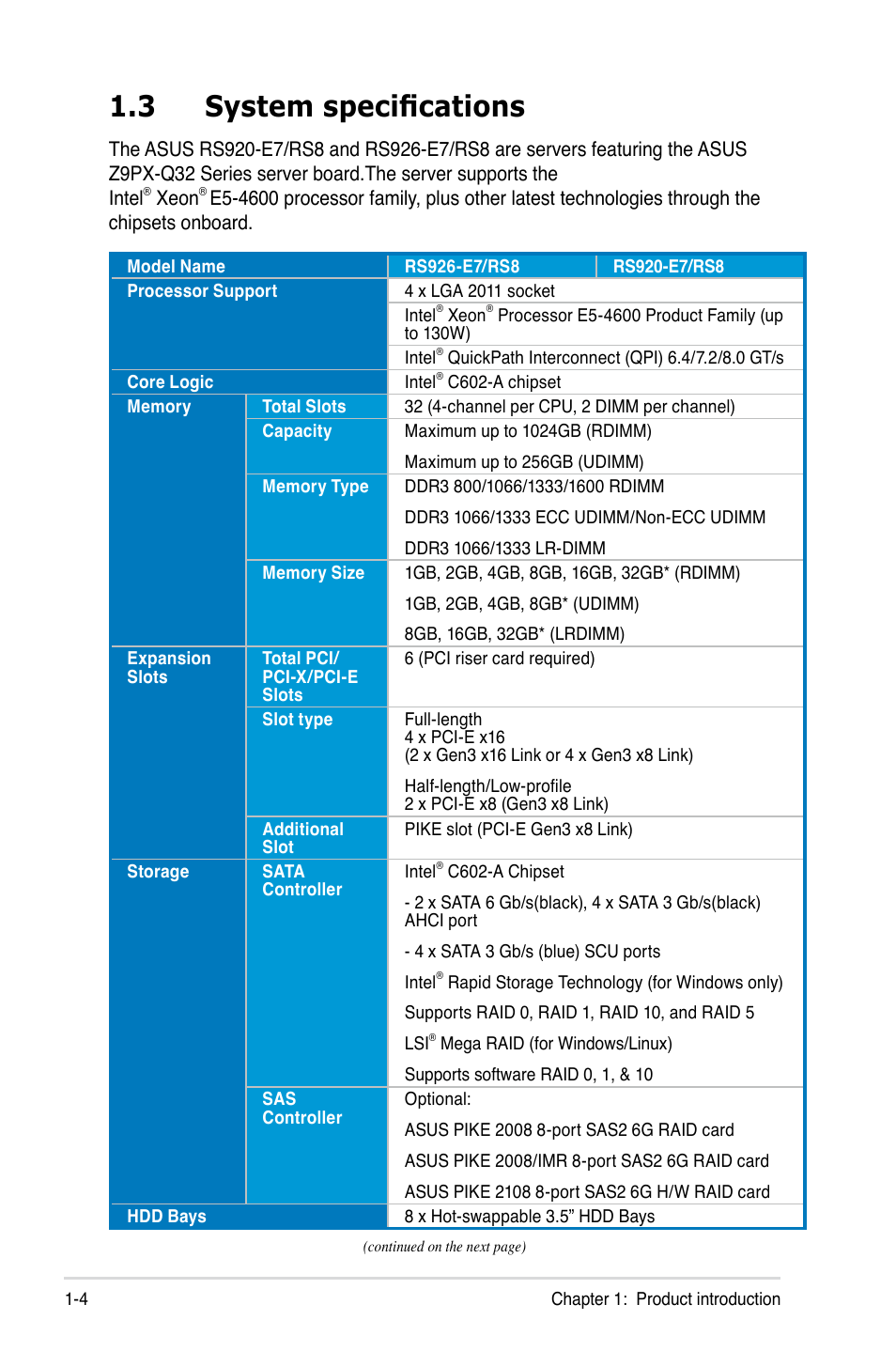 3 system specifications | Asus RS926-E7/RS8 User Manual | Page 16 / 200