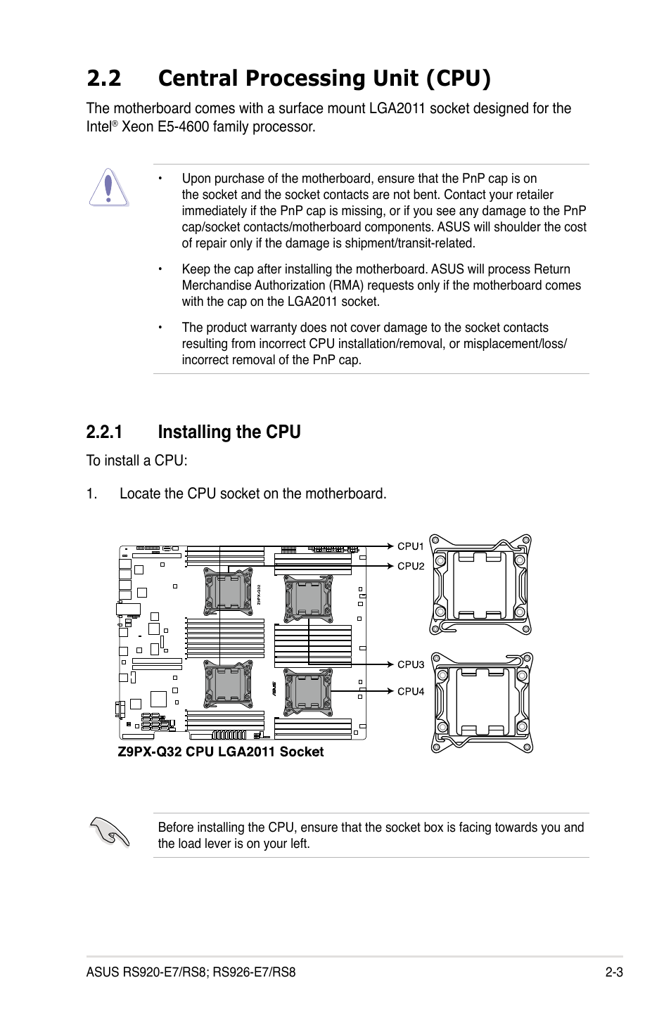 2 central processing unit (cpu), 1 installing the cpu | Asus RS926-E7/RS8 User Manual | Page 25 / 200