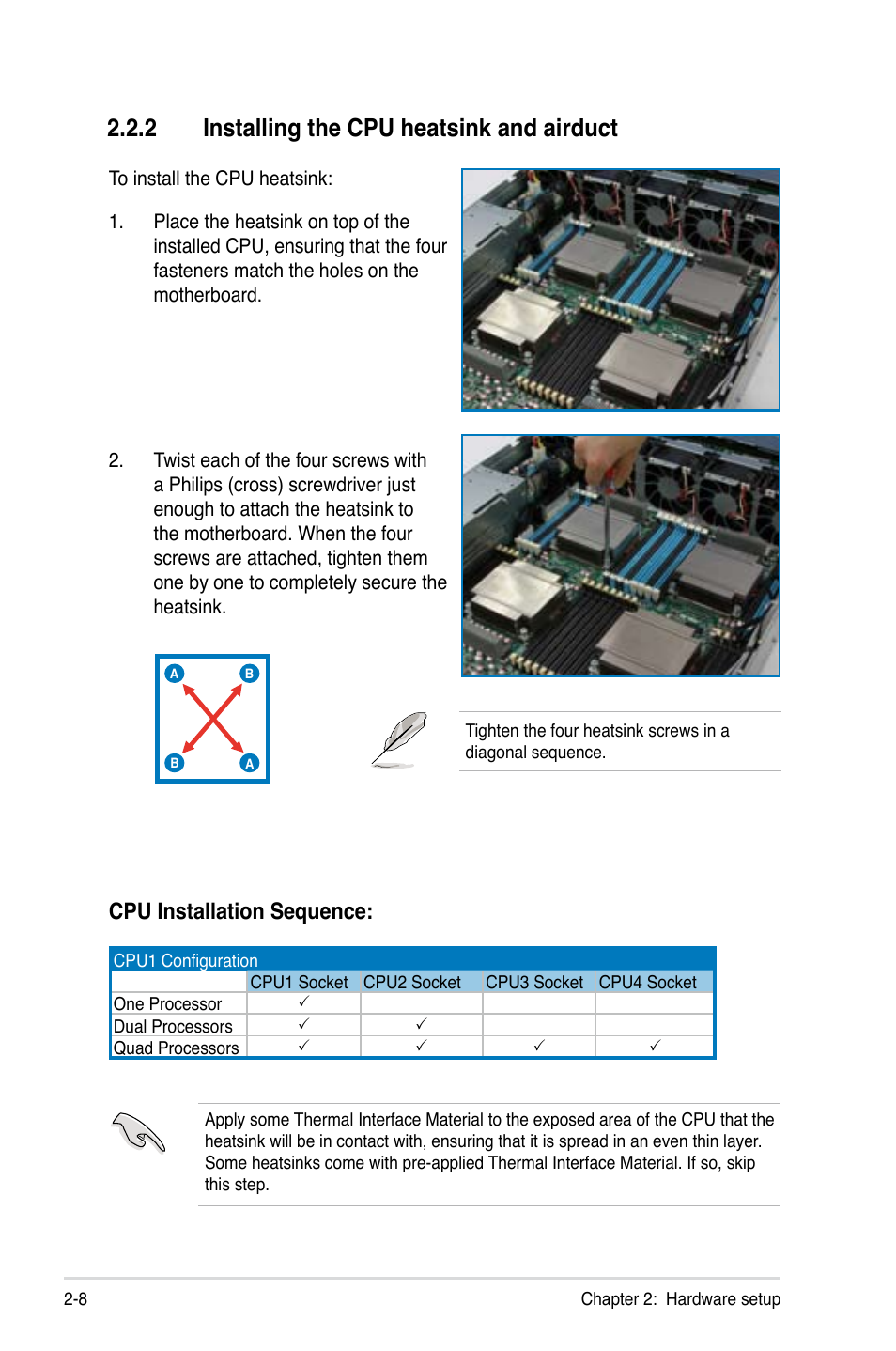 2 installing the cpu heatsink and airduct, Cpu installation sequence | Asus RS926-E7/RS8 User Manual | Page 30 / 200