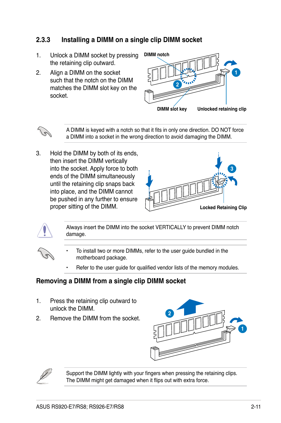 3 installing a dimm on a single clip dimm socket, Removing a dimm from a single clip dimm socket | Asus RS926-E7/RS8 User Manual | Page 33 / 200