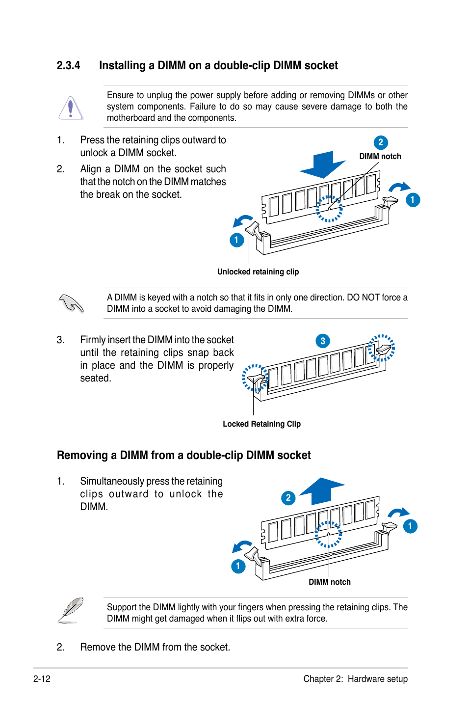 Removing a dimm from a double-clip dimm socket, 4 installing a dimm on a double-clip dimm socket | Asus RS926-E7/RS8 User Manual | Page 34 / 200