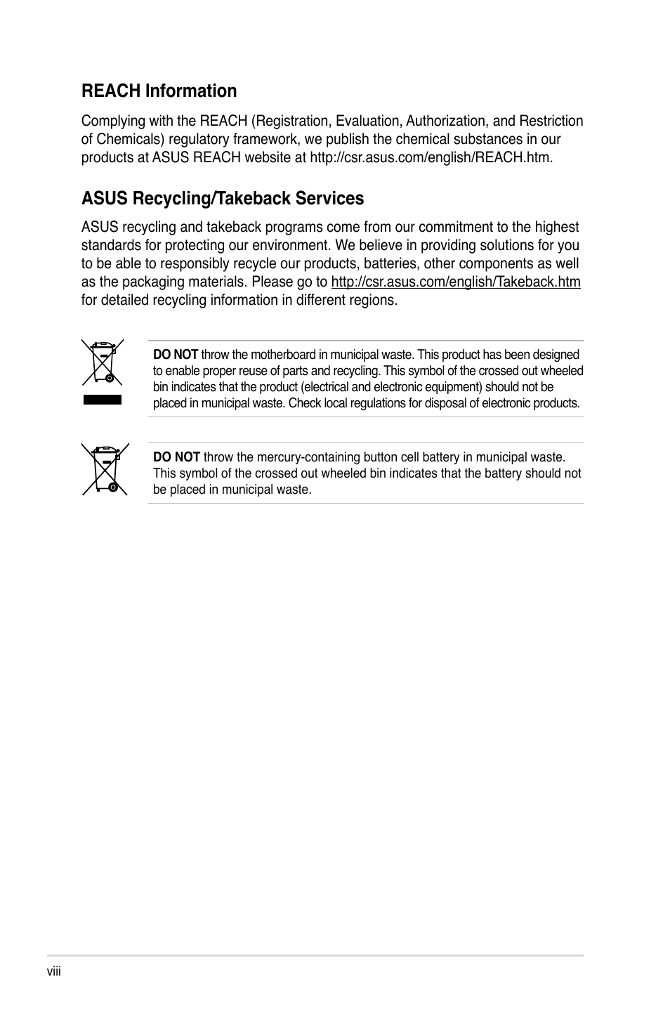 Reach information, Asus recycling/takeback services | Asus RS926-E7/RS8 User Manual | Page 8 / 200