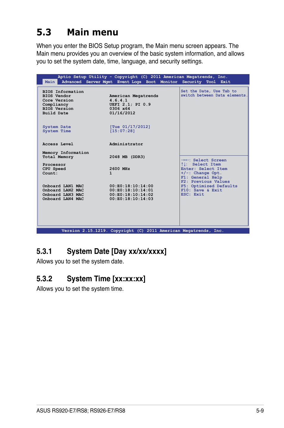 3 main menu, 2 system time [xx:xx:xx, Allows you to set the system date | Allows you to set the system time | Asus RS926-E7/RS8 User Manual | Page 85 / 200