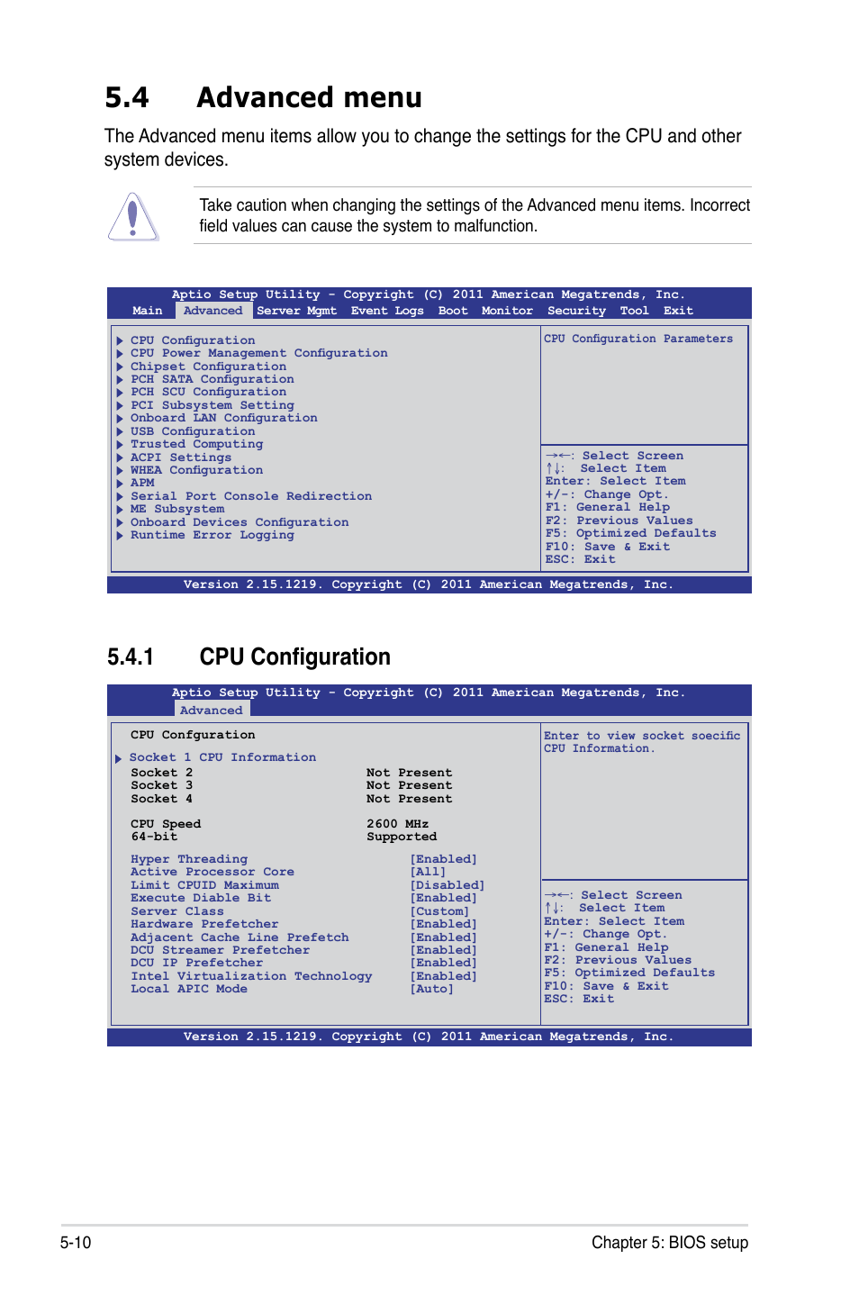 4 advanced menu, 1 cpu configuration, 10 chapter 5: bios setup | Asus RS926-E7/RS8 User Manual | Page 86 / 200