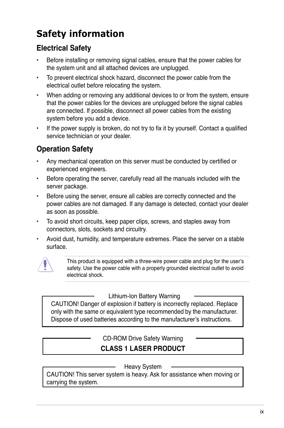 Safety information, Electrical safety, Operation safety | Asus RS926-E7/RS8 User Manual | Page 9 / 200