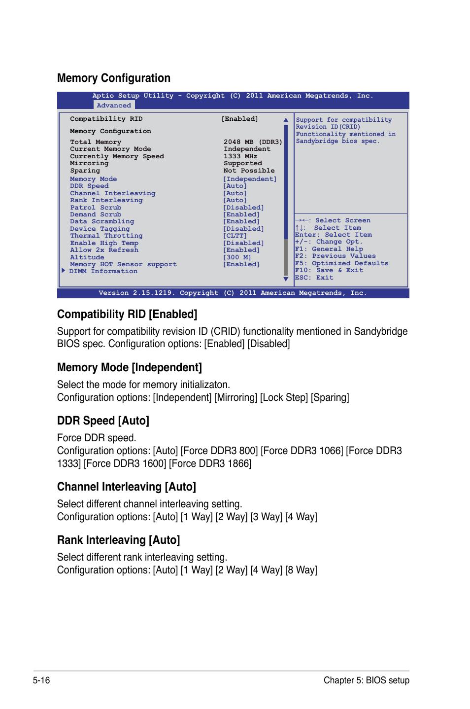 Compatibility rid [enabled, Ddr speed [auto, Channel interleaving [auto | Rank interleaving [auto, 16 chapter 5: bios setup | Asus RS926-E7/RS8 User Manual | Page 92 / 200