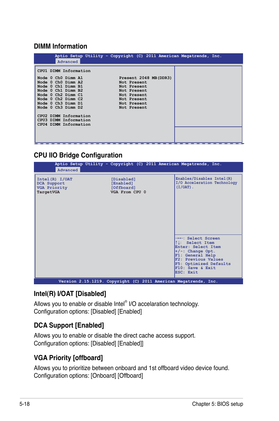 Intel(r) i/oat [disabled, Dca support [enabled, Vga priority [offboard | Cpu iio bridge configuration, Dimm information, Allows you to enable or disable intel | Asus RS926-E7/RS8 User Manual | Page 94 / 200