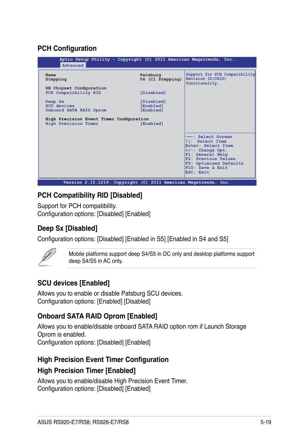 Pch configuration pch compatibility rid [disabled, Deep sx [disabled, Scu devices [enabled | Onboard sata raid oprom [enabled | Asus RS926-E7/RS8 User Manual | Page 95 / 200