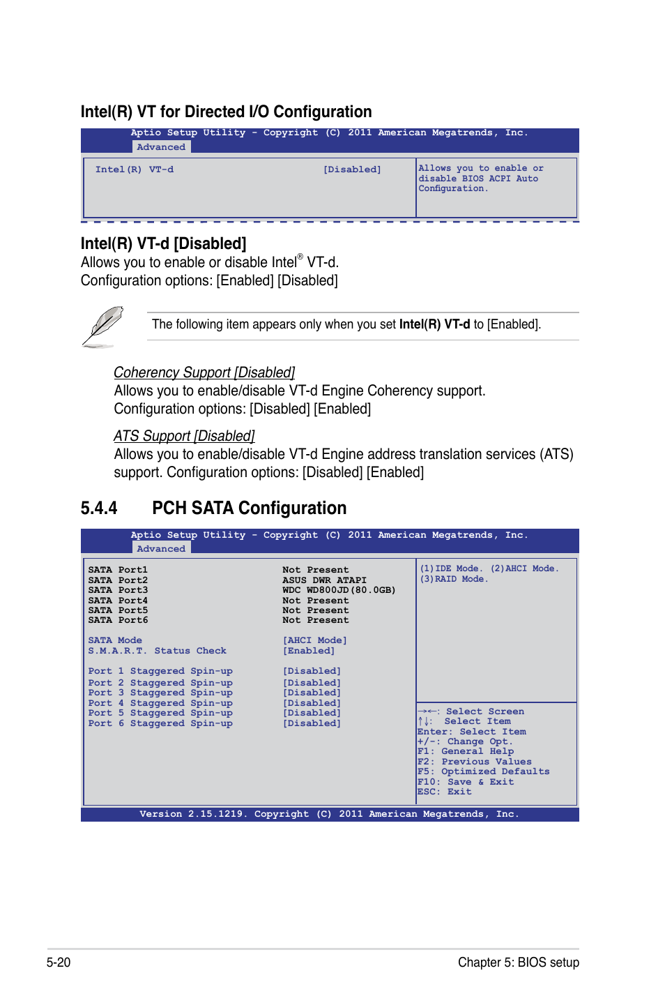 4 pch sata configuration, Intel(r) vt-d [disabled, Intel(r) vt for directed i/o configuration | Allows you to enable or disable intel, Vt-d. configuration options: [enabled] [disabled | Asus RS926-E7/RS8 User Manual | Page 96 / 200