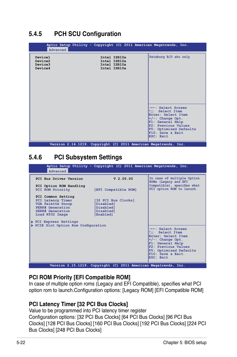 6 pci subsystem settings, 5 pch scu configuration, Pci rom priority [efi compatible rom | Pci latency timer [32 pci bus clocks, 22 chapter 5: bios setup | Asus RS926-E7/RS8 User Manual | Page 98 / 200