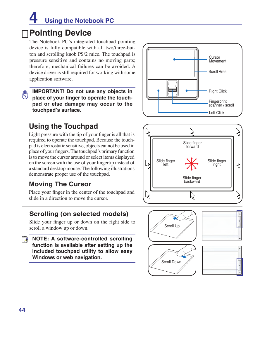 Pointing device, Using the touchpad | Asus V1S User Manual | Page 44 / 97