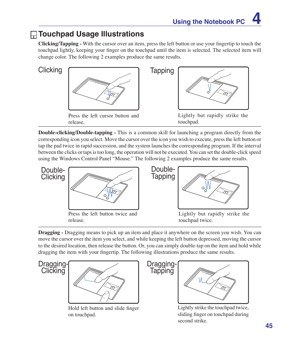 Touchpad usage illustrations, Dragging- clicking dragging- tapping | Asus V1S User Manual | Page 45 / 97