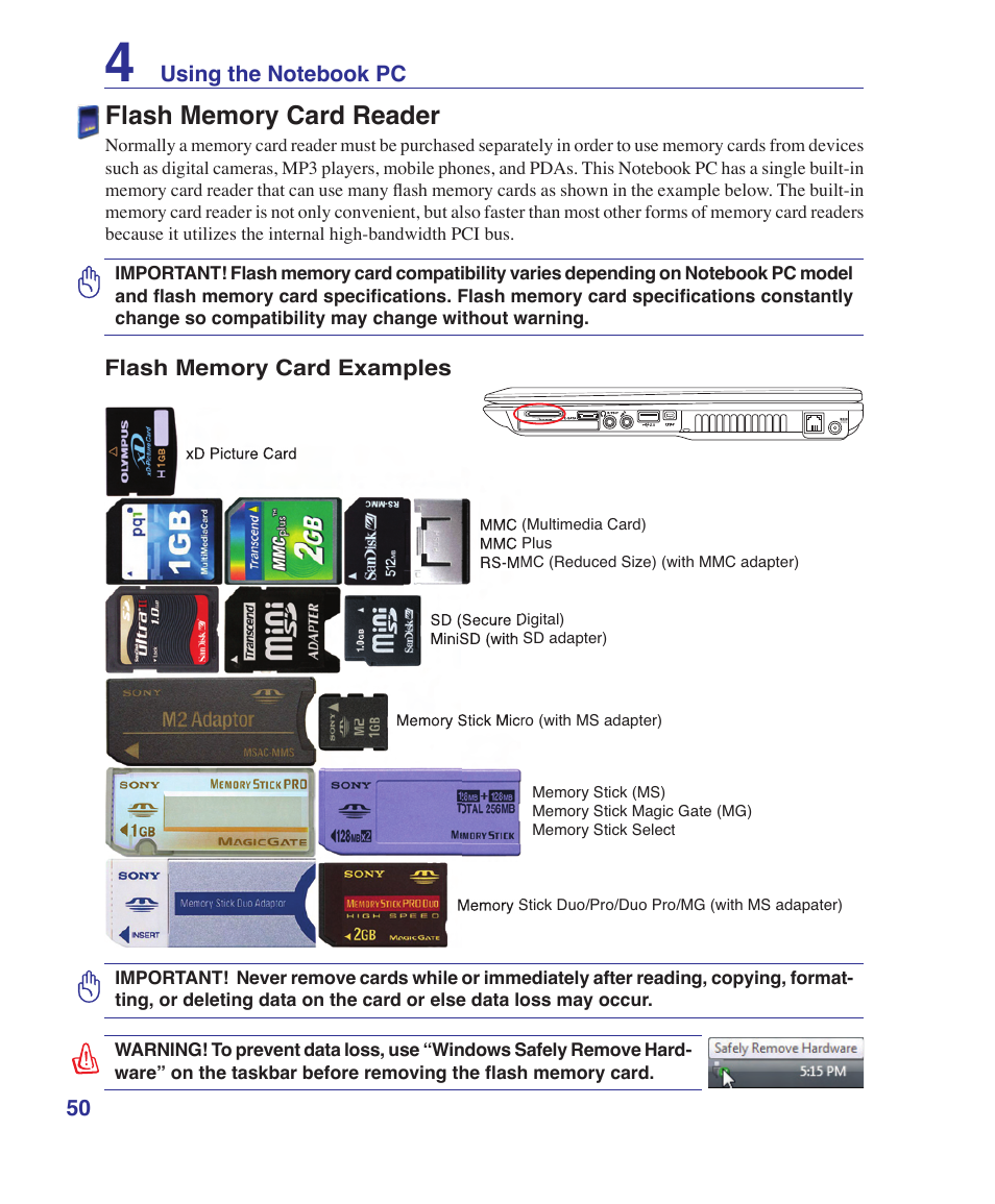 Flash memory card reader | Asus V1S User Manual | Page 50 / 97