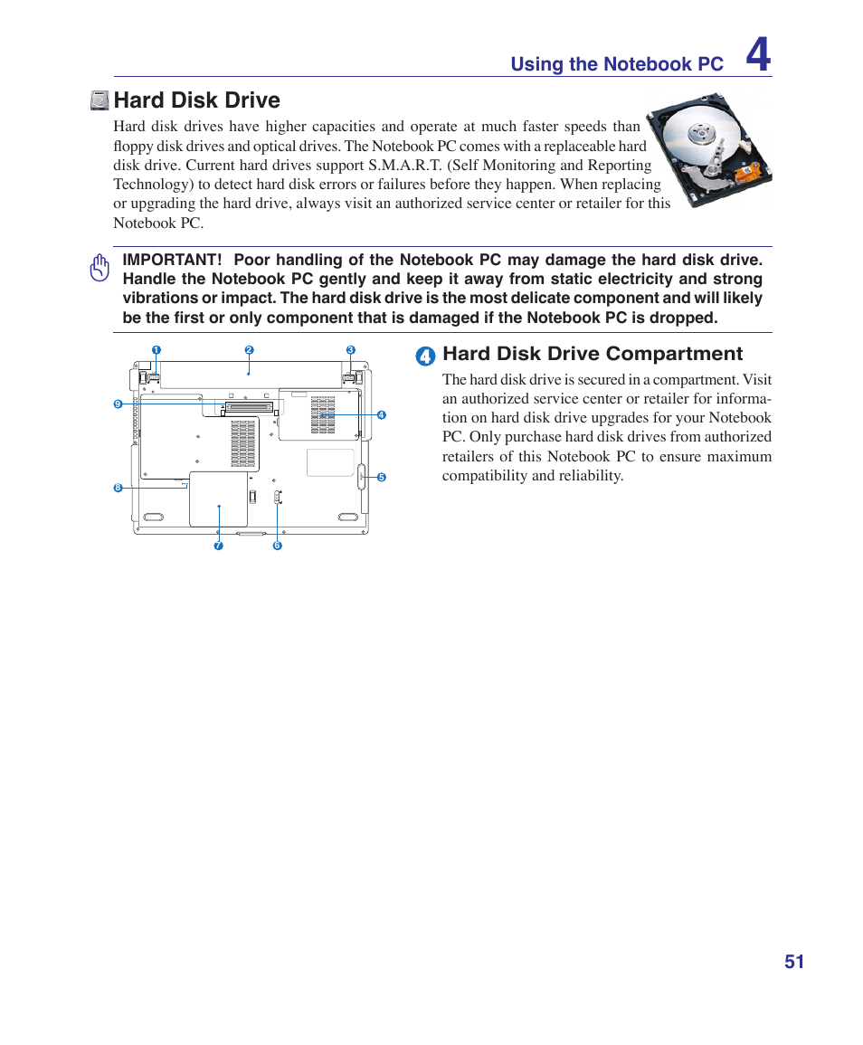 Hard disk drive, Hard disk drive compartment | Asus V1S User Manual | Page 51 / 97