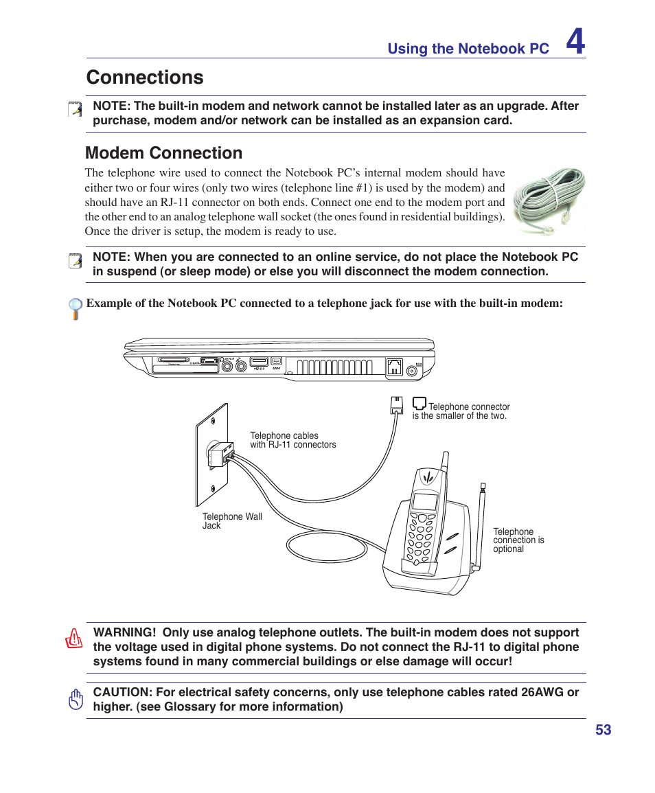 Connections, Modem connection | Asus V1S User Manual | Page 53 / 97