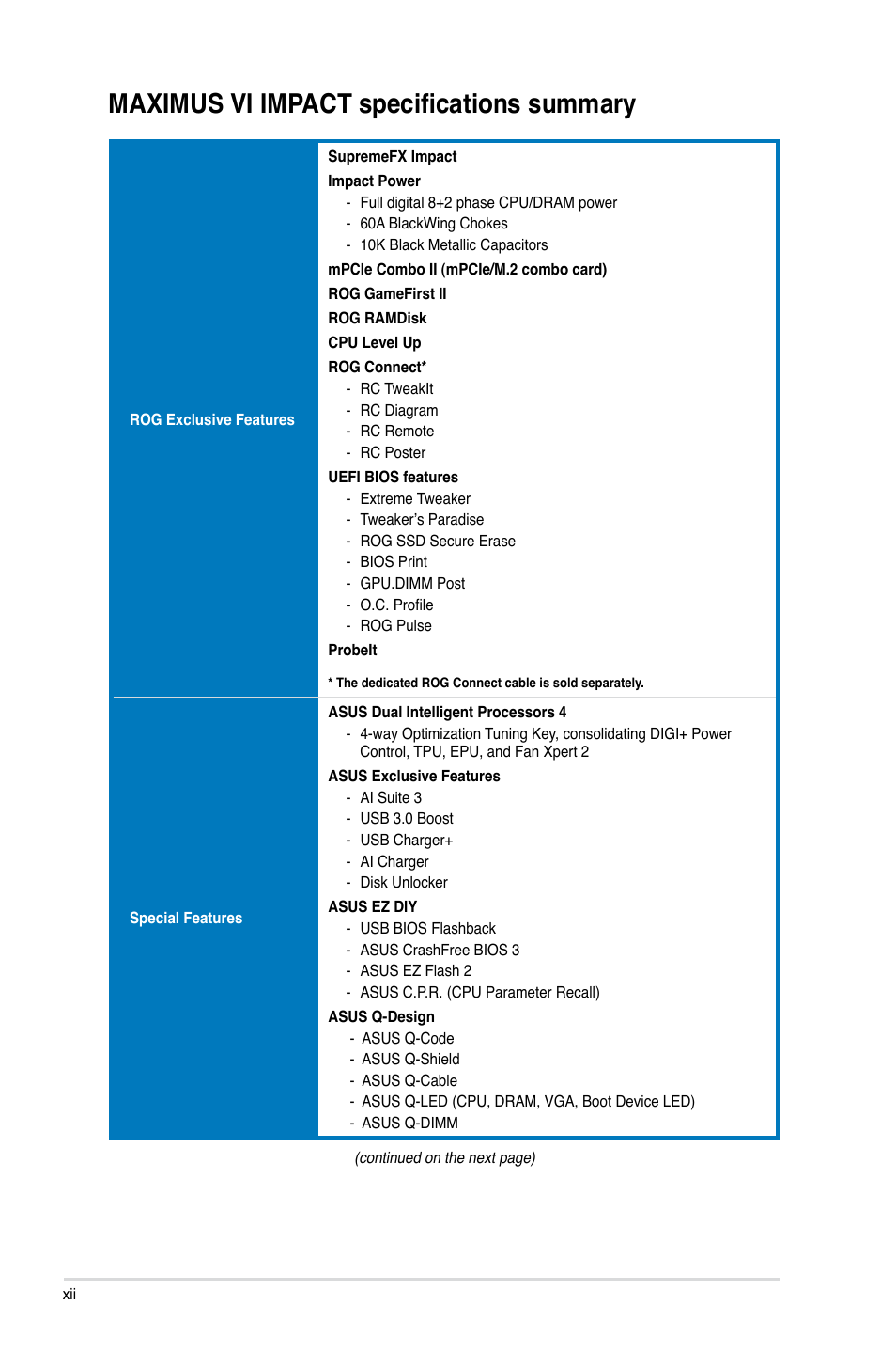 Maximus vi impact specifications summary | Asus MAXIMUS VI IMPACT User Manual | Page 12 / 222